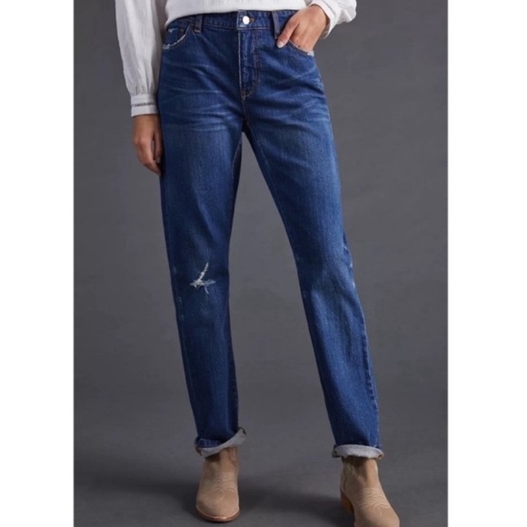 Anthro Pilcro The Relaxed Straight Jeans High Rise Distressed Denim Dark Petite - Picture 1 of 12